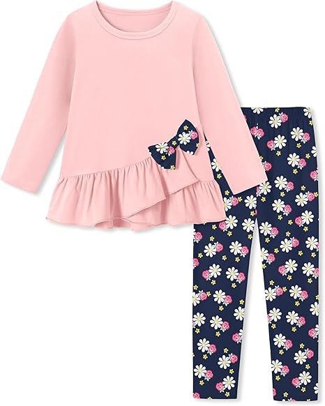 SOLOYEE Toddler Girl Clothes 18M-8T Girls Fall Winter Outfit, Long Sleeve Ruffle Bowknot Top + Floral Pants 2Pcs Clothing Set