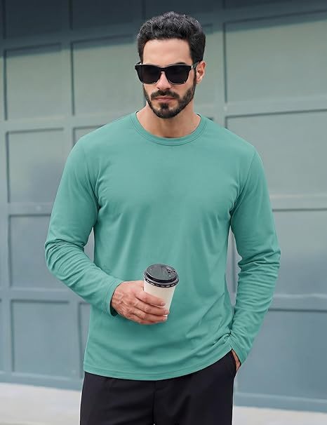 TACVASEN Long Sleeve Shirts for Men Cotton Soft Crew-Neck Moisture Wicking Mens Undershirt Comfort Solid Basic T Shirt