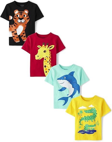The Children's Place Baby-Boys and Toddler Dinos,Animals,Cars Short Sleeve Graphic T-Shirts,4 Pack