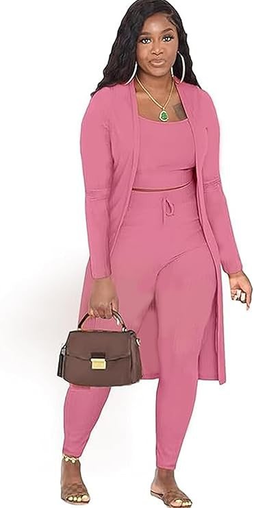 Womens 3 Piece Lounge Set Pajamas Set Long Cardigan Crop Tank Drawstring Pants Loungewear Outfits