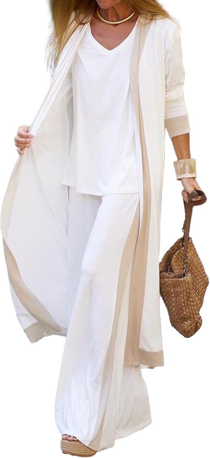 SOMTHRON Women's 3 Piece Outfits Loungewear Sets Long Cardigan Cover up Tank Top Wide Leg Loose Pants Set Tracksuit