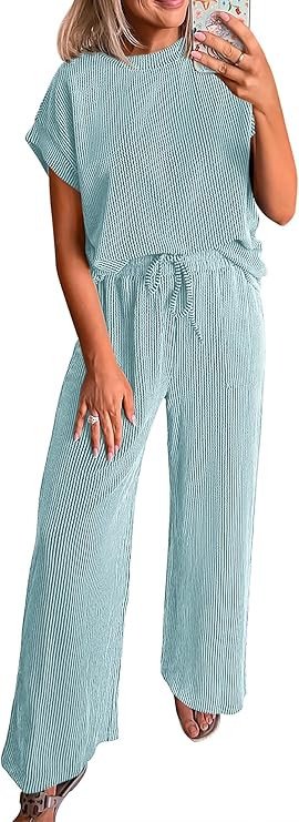 KIRUNDO 2 Piece Sets for Women Dressy Casual Ribbed Knit Short Sleeve Tops Wide Leg Pants Lounge Set Travel Airport Outfits