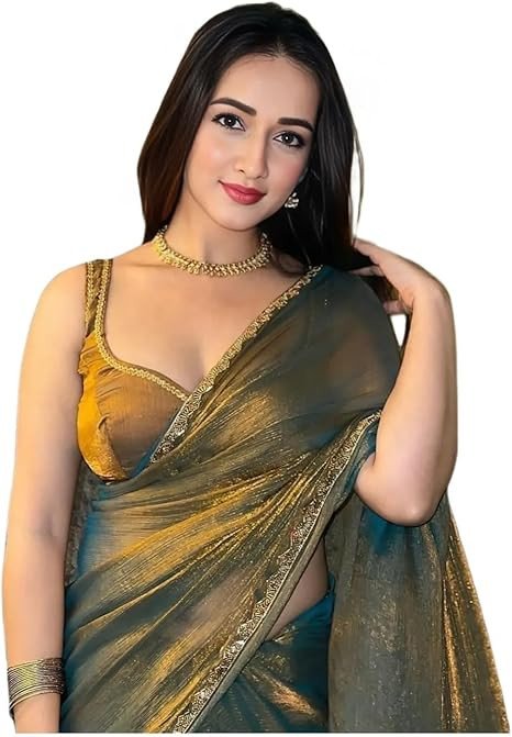 Aqila Attire Women's Two-Tone Fendy Chiffon Saree with Handwork Lace Border & Unstitched Blouse Piece
